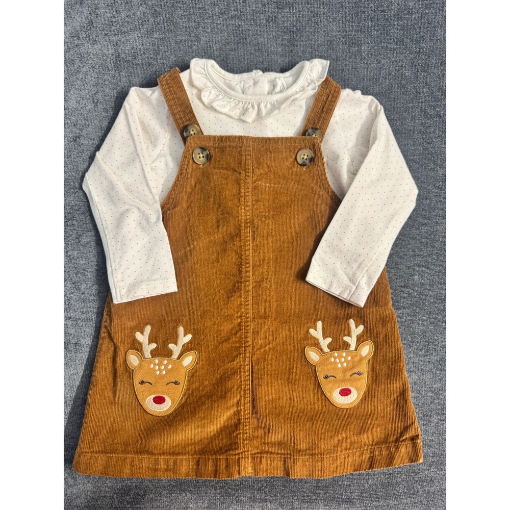 Starting Out Reindeer Corduroy Jumper Dress & Polka Dot Top Set 24M Brown Cream